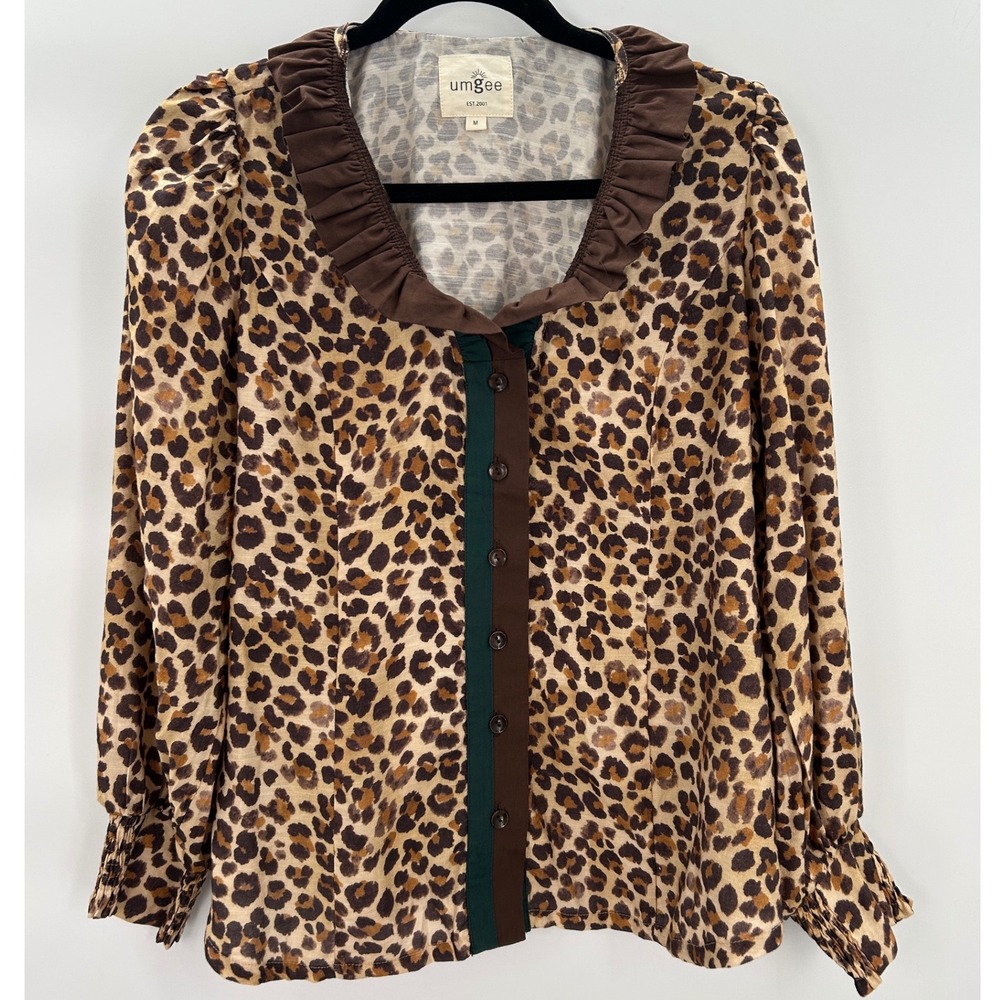 Umgee Leopard‎ Print Blouse Ruffle Collar Button Front Boho Chic Long Sleeve Top